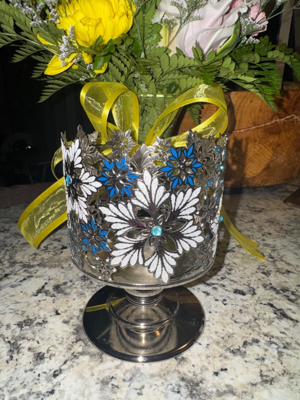 Silver Floral Metal Pedestal Vase with Blue and White Accents